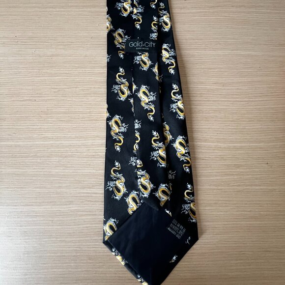 💕2/$30💕Gold City 100% Silk Black With Yellow Dragons Tie - Picture 3 of 6